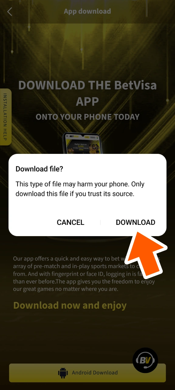 Accept the download of the BetVisa app.