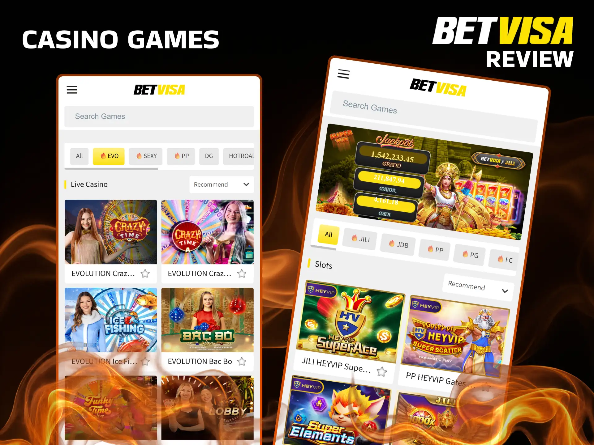 Play your favorite casino games on your BetVisa mobile app.